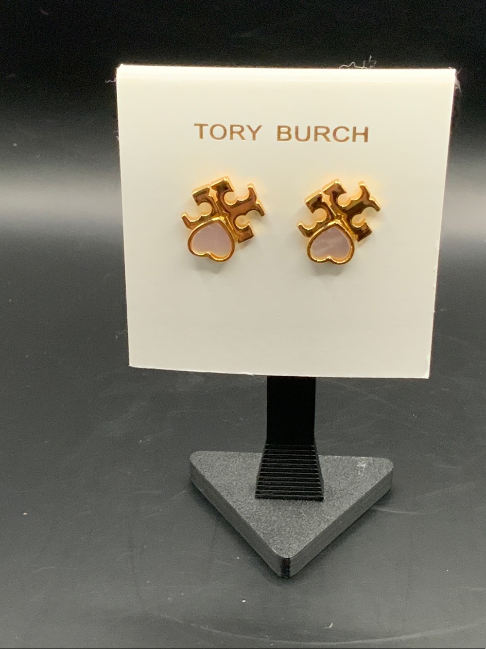 Tory Burch Gold Logo Heart Stud Earrings with Pink Enamel